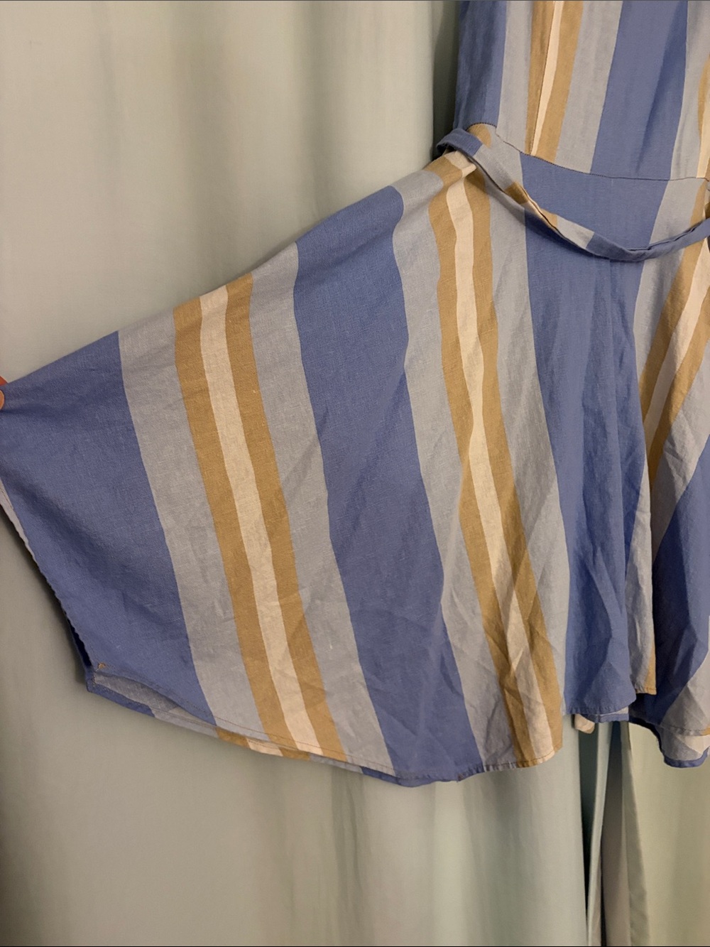 1. State Blue and Beige Striped Sleeveless Shirt Linen Blend Button Down Dress,M - Picture 6 of 6